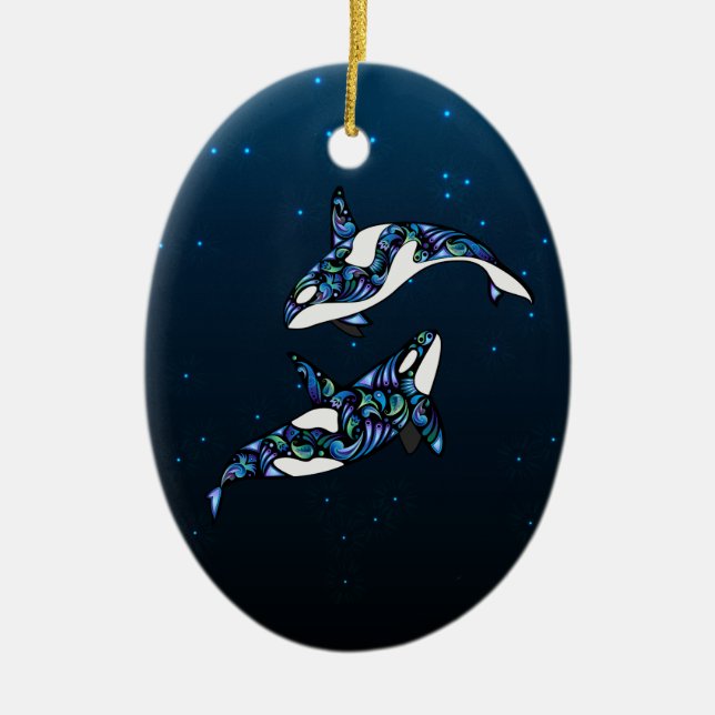 Personalized Beautiful Orca Whales Wedding Ceramic Ornament (Front)