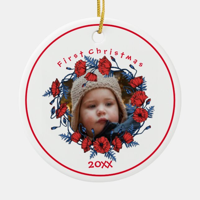Personalized Beautiful Poppy Wreath Ceramic Ornament (Front)