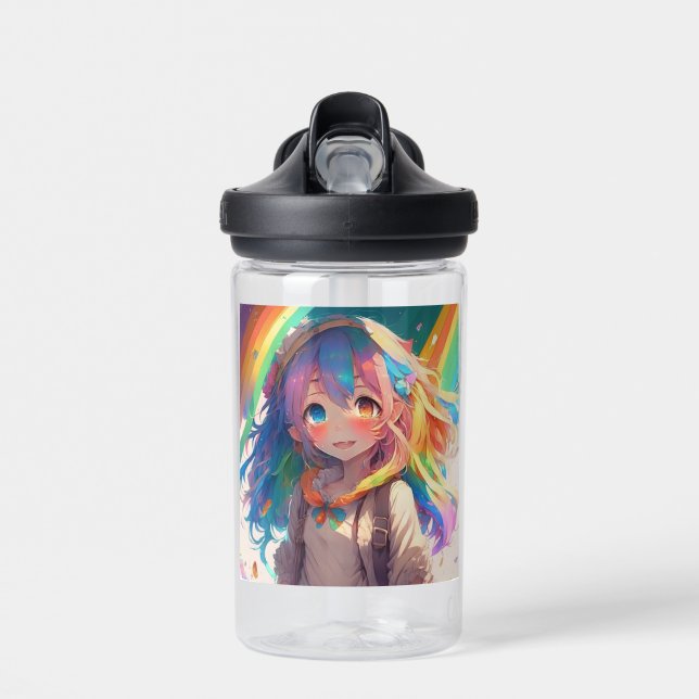 Personalized Beautiful Rainbow Anime Girl Water Bottle (Front)