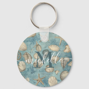 Personalized Beautiful Vintage Seashells In Blue Keychain