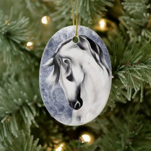 Personalized Beautiful White Grey Horse Christmas Ceramic Ornament