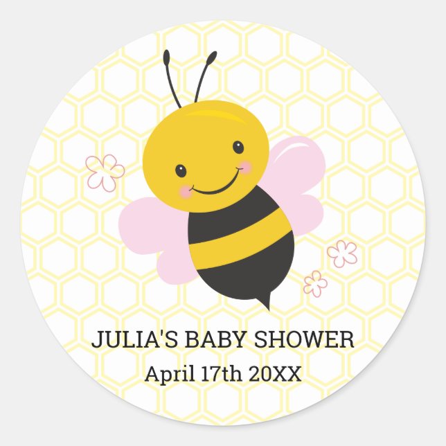 Personalized Bee Baby Shower Stickers – Baby Girl (Front)