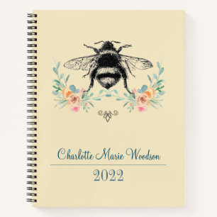 Personalized Bee Blush Pink Green Floral Notebook