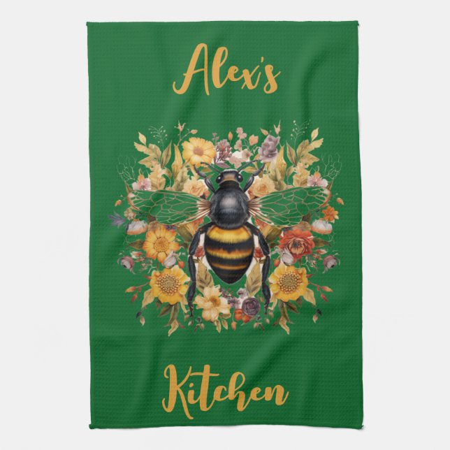 Personalized Bee & Wildflowers -  Kitchen Towel (Vertical)