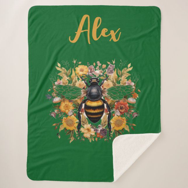 Personalized Bee & Wildflowers -  Sherpa Blanket (Front)