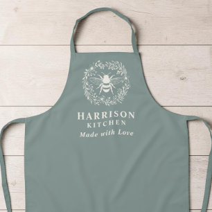Personalized Bee Wreath Sage Green Family Kitchen Apron