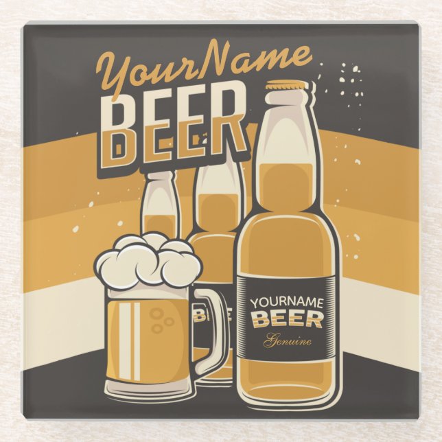 Personalized Beer Bottle Sudsy Mug Brewing Bar Glass Coaster (Front)