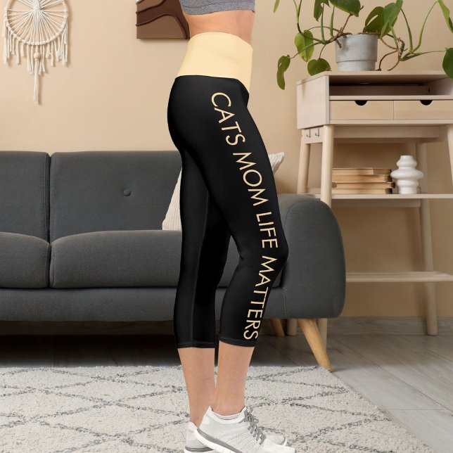 Personalized Beige And Black Pet Cat Name Text Fun Capri Leggings (Creator Uploaded)