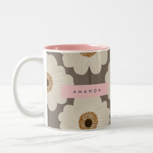Personalized Beige and Brown Mid-Century Flower Two-Tone Coffee Mug