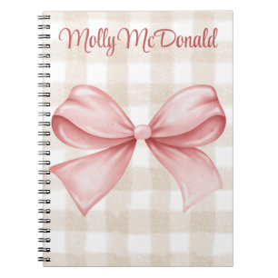 Personalized beige chequered pattern with pink bow notebook