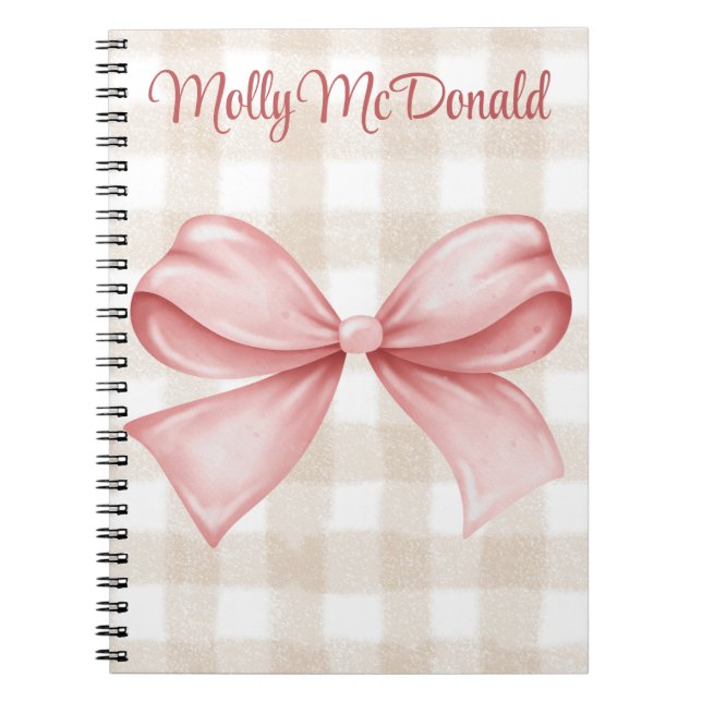 Personalized beige chequered pattern with pink bow notebook (Front)
