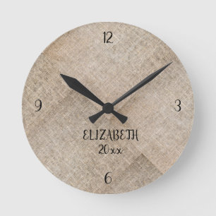 Personalized Beige Faux Linen Round Clock