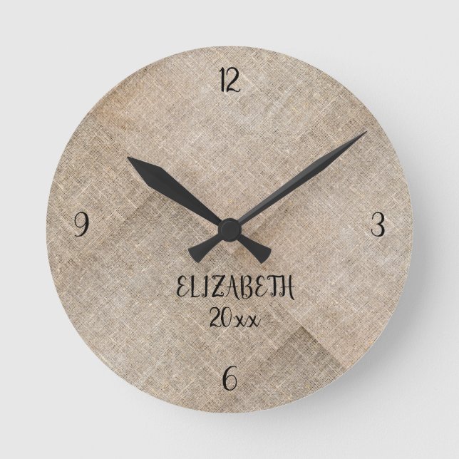 Personalized Beige Faux Linen Round Clock (Front)