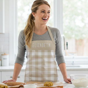 Personalized Beige Gingham Check Pattern Apron