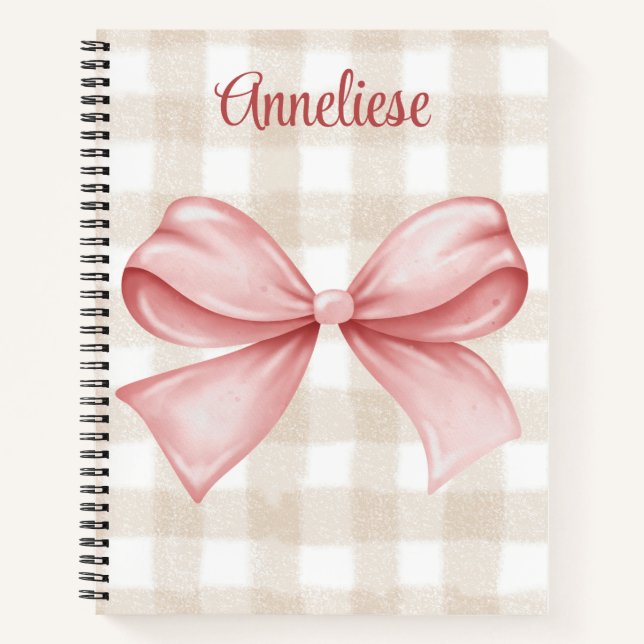 Personalized beige gingham & pink coquette bow notebook (Front)