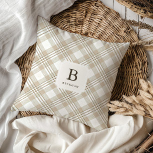 Personalized Beige Gingham Plaid Monogram xmas Throw Pillow