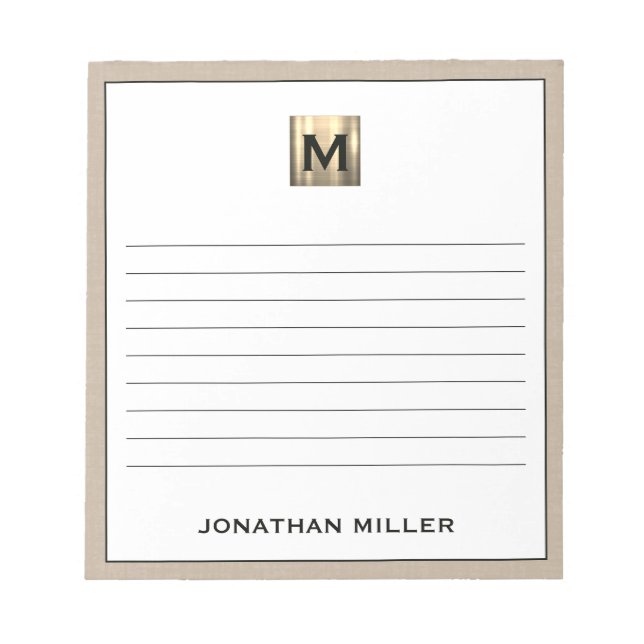Personalized Beige Linen Gold Monogram Notepad (Front)