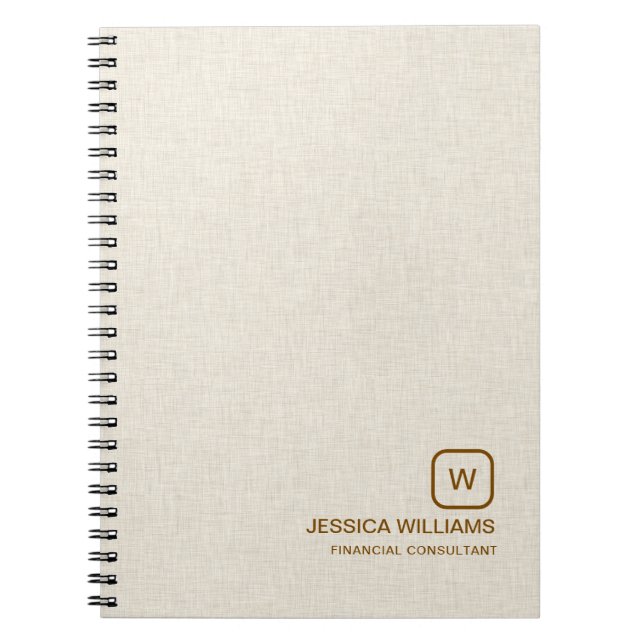Personalized beige linen simple brown typography notebook (Front)