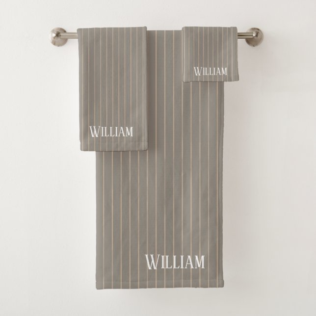Personalized beige pinstripes bath towel set (Insitu)