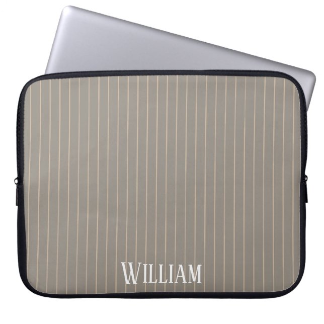 Personalized beige pinstripes laptop sleeve (Front)