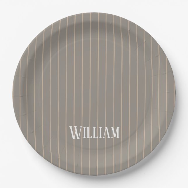 Personalized beige pinstripes paper plate (Front)