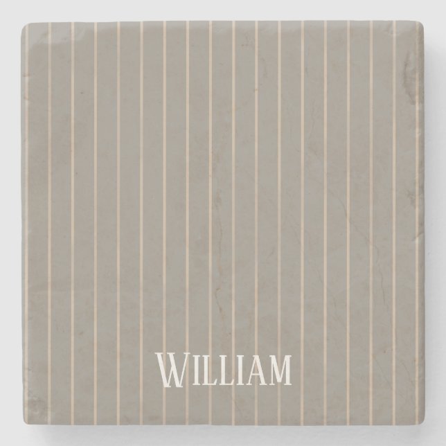 Personalized beige pinstripes stone coaster (Front)