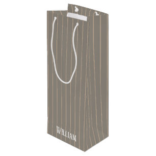 Personalized beige pinstripes wine gift bag
