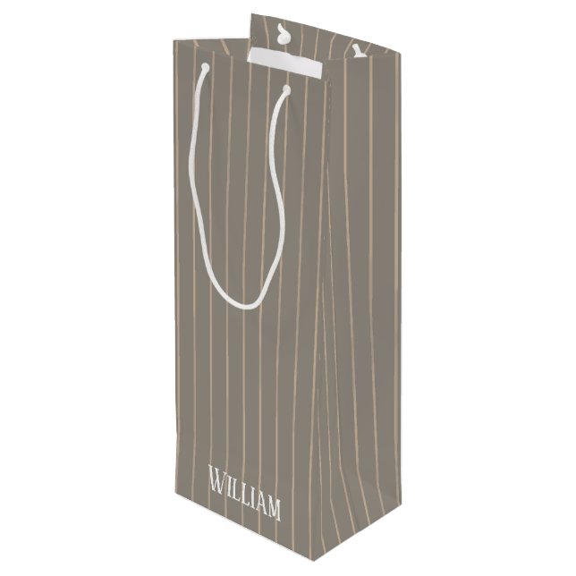 Personalized beige pinstripes wine gift bag (Back Angled)