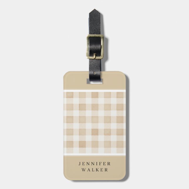 Personalized Beige Plaid Luggage Tag (Front Vertical)
