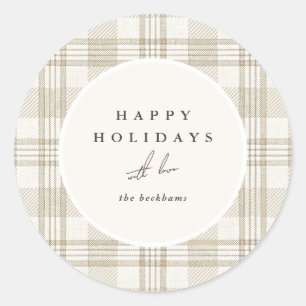 Personalized Beige Plaid Merry Christmas Family Classic Round Sticker