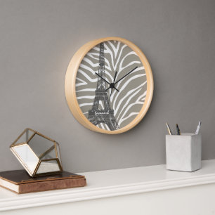 Personalized Beige Tones Zebra Eiffel Tower Clock