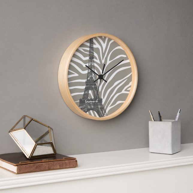 Personalized Beige Tones Zebra Eiffel Tower Clock (Office)