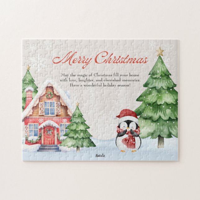 Personalized Beige Watercolor Christmas 8x10” Jigsaw Puzzle (Horizontal)