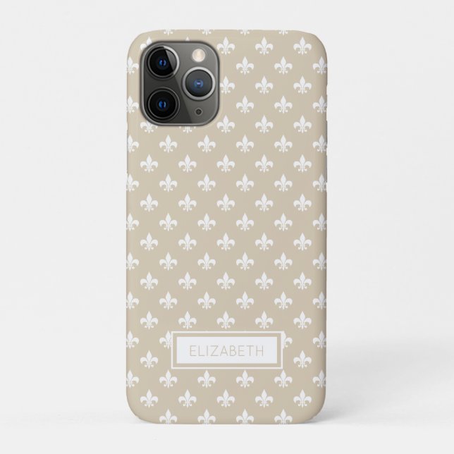 Personalized Beige White Fleur de Lis Pattern Case-Mate iPhone Case (Back)