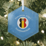 Personalized Belgian Angel Hanukkah Flag Glass Ornament<br><div class="desc">An angel dressed in the flag of Belgium on a hexagon shaped glass ornament for Hanukkah. This Hanukkah decor is designed, especially, for families of multiple religions. The Belgian flag angel flies in the center of a circle of white squiggly squares surrounded by a background of blue squiggly squares. Personalize...</div>