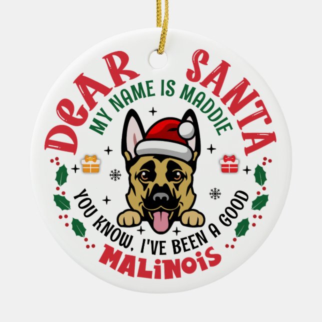 Personalized Belgian Malinois Dog Christmas Tree Ceramic Ornament (Front)