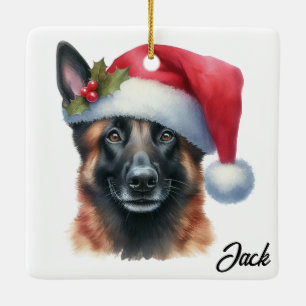 Personalized Belgian Malinois Dog with Santa Hat Ceramic Ornament