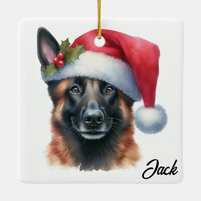 Personalized Belgian Malinois Dog with Santa Hat Ceramic Ornament (Back)