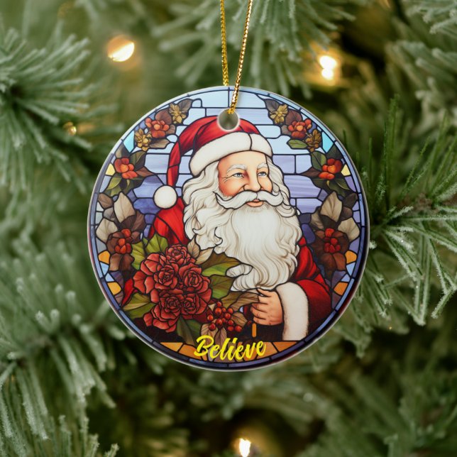 Personalized Believe Santa Church Glass Ceramic Ornament (Tree)
