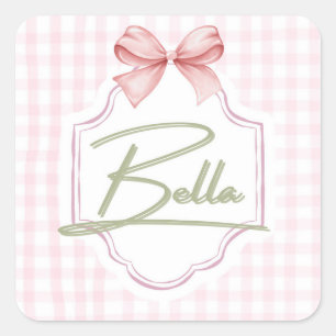 Personalized Bella Baby Girl Nursery Bow&Gingham Square Sticker