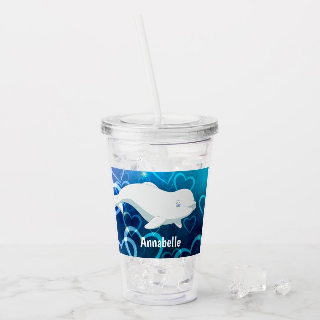 Personalized Beluga Whale and Blue Hearts Arctic Acrylic Tumbler (Front Ice)