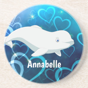 Personalized Beluga Whale and Blue Hearts Arctic Coaster