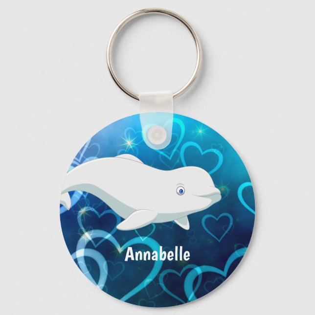 Personalized Beluga Whale and Blue Hearts Arctic Keychain (Front)
