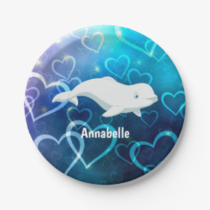 Personalized Beluga Whale and Blue Hearts Arctic Paper Plate