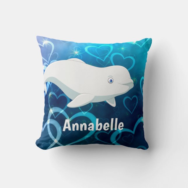 Personalized Beluga Whale and Blue Hearts Arctic Throw Pillow (Front)