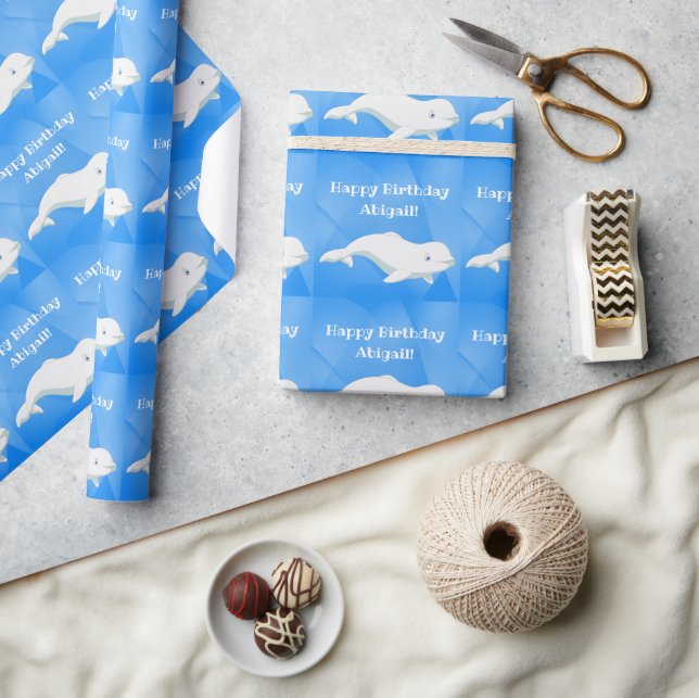 Personalized Beluga Whale Blue Ocean Birthday Wrapping Paper (Crafts)