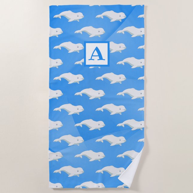 Personalized Beluga Whale Blue, White Arctic Ocean Beach Towel (Front)