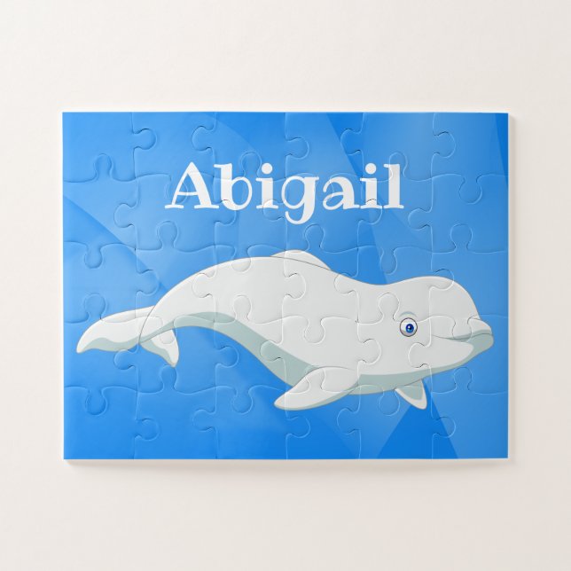 Personalized Beluga Whale Blue, White Arctic Ocean Jigsaw Puzzle (Horizontal)