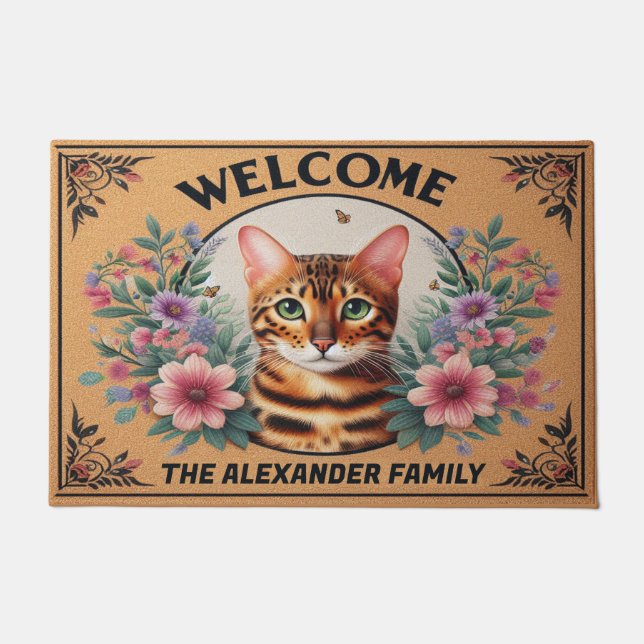 Personalized Bengal Cat Floral Welcome Kitten Doormat (Front)