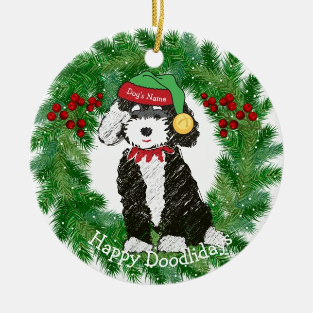 Personalized Bernedoodle Christmas Elf Ceramic Ornament (Front)